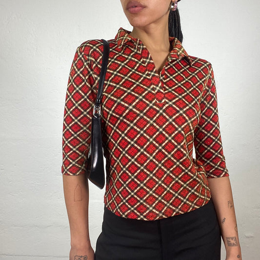 Vintage 2000’s Office Girl Red 2/4 Sleeve Polo Style Shimmer Checkered Top with Collar (M)
