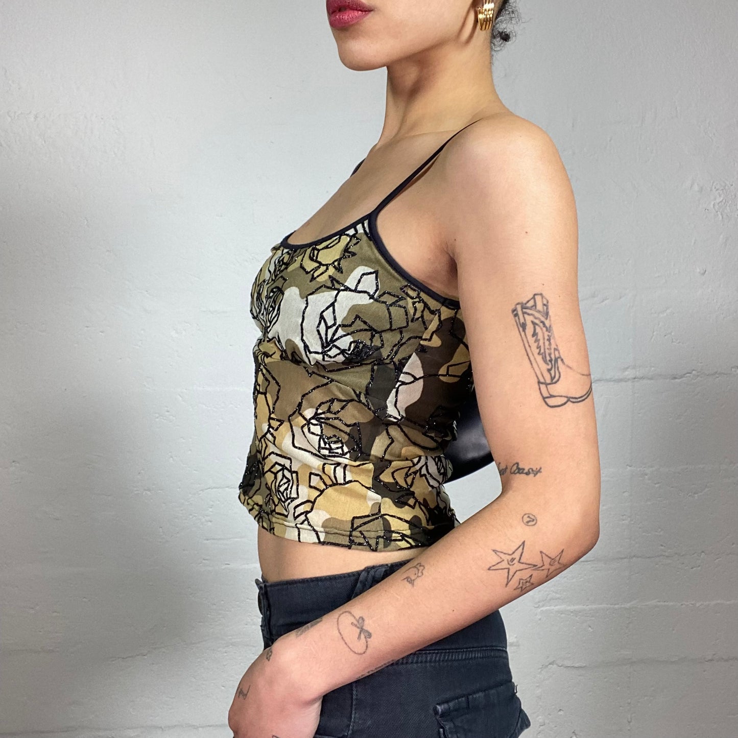 Vintage 2000's Romantic Bundle Button Up Shirt and Cami Top in Brown Tine with Black Glitter Rose Print (S/M)