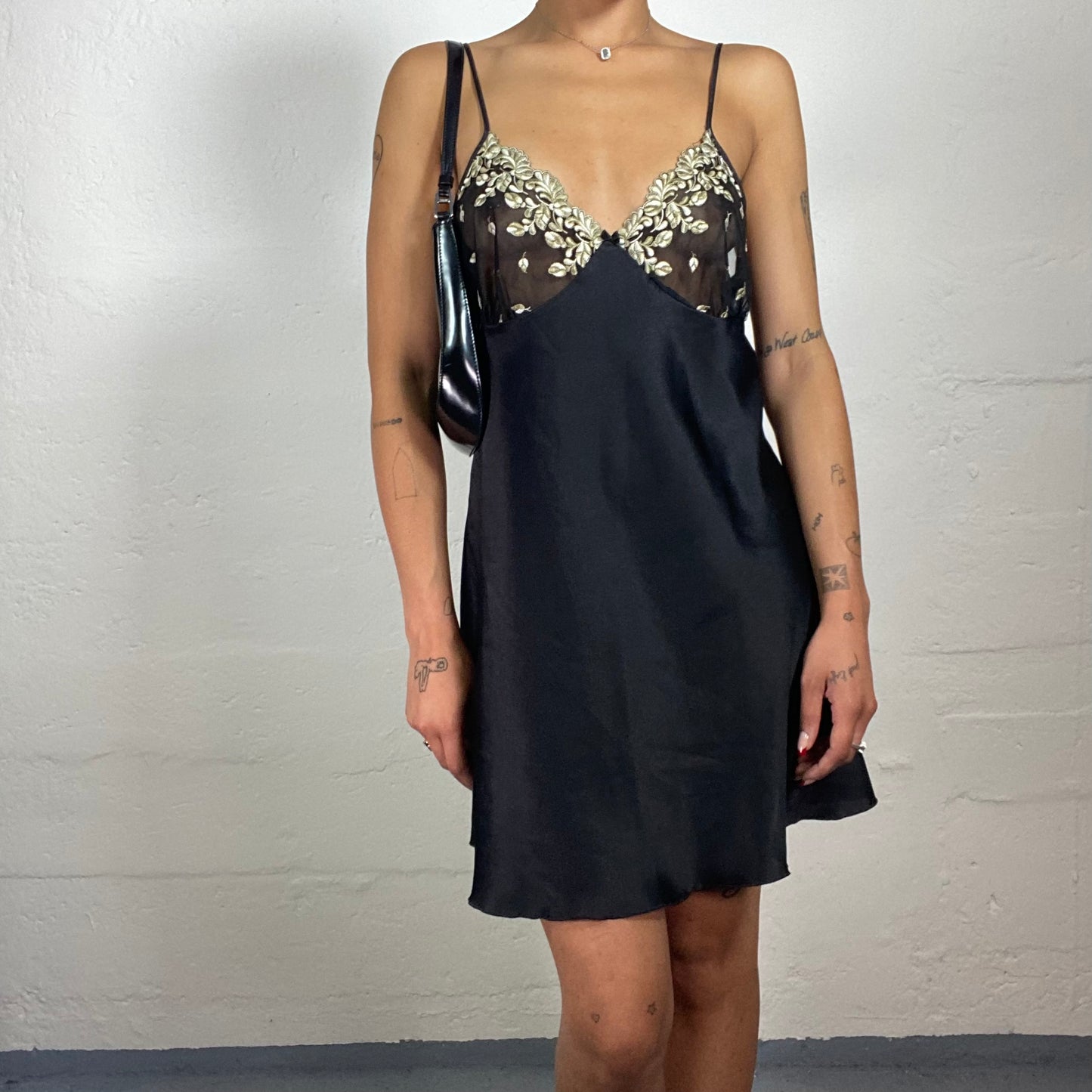 Vintage 2000's Romantic Black Satin Mini Camisole Dress with Beige Lace Floral Bra Embroidery (M)