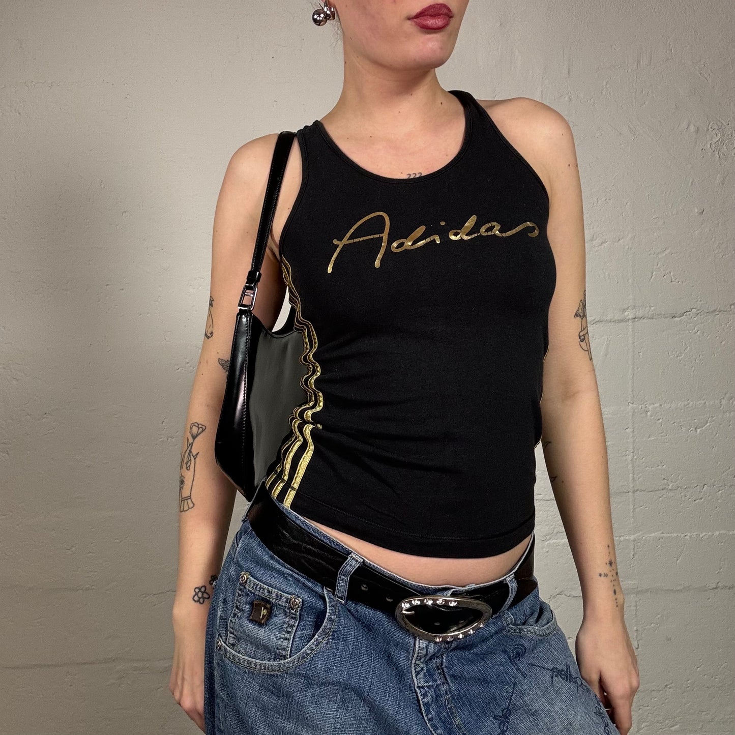 Vintage 2000's Sporty Adidas Black Top with Golden Logo Print (S)