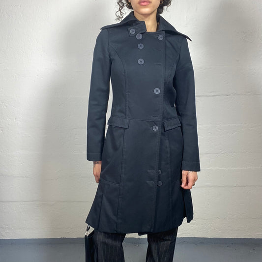 Vintage 2000's Miss Sixty Rainy Day Black Side Closing Midi Length Coat with Pleated Bottom Detail (L)