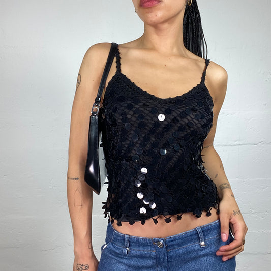 Vintage 2000's Clubwear Glamorous Black Sequin Net Effect Cami Top (S)
