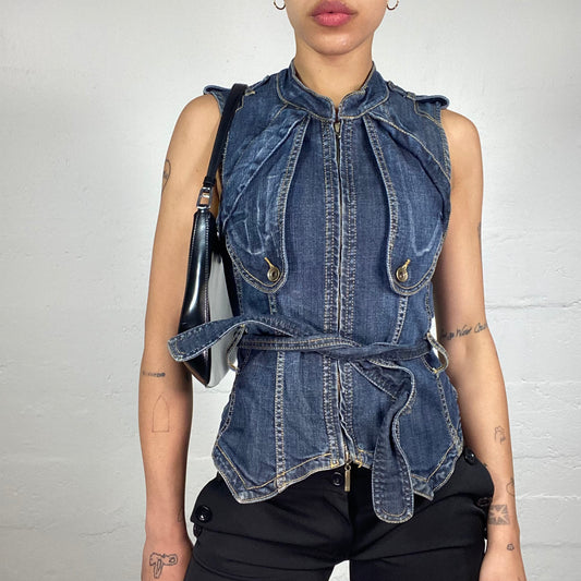 Vintage 2000's Downtown Girl Dark Blue Denim Zip Up Vest with Waist Binding and Layering Details (M)
