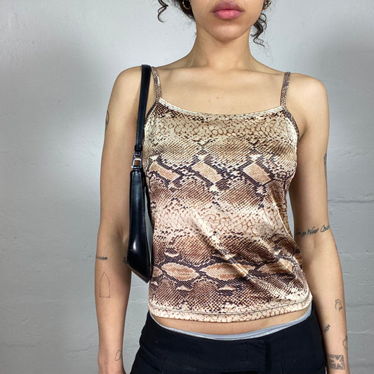 Vintage 2000's Casual Glam Snake Skin Print Beige and Brown Cami Top (S)
