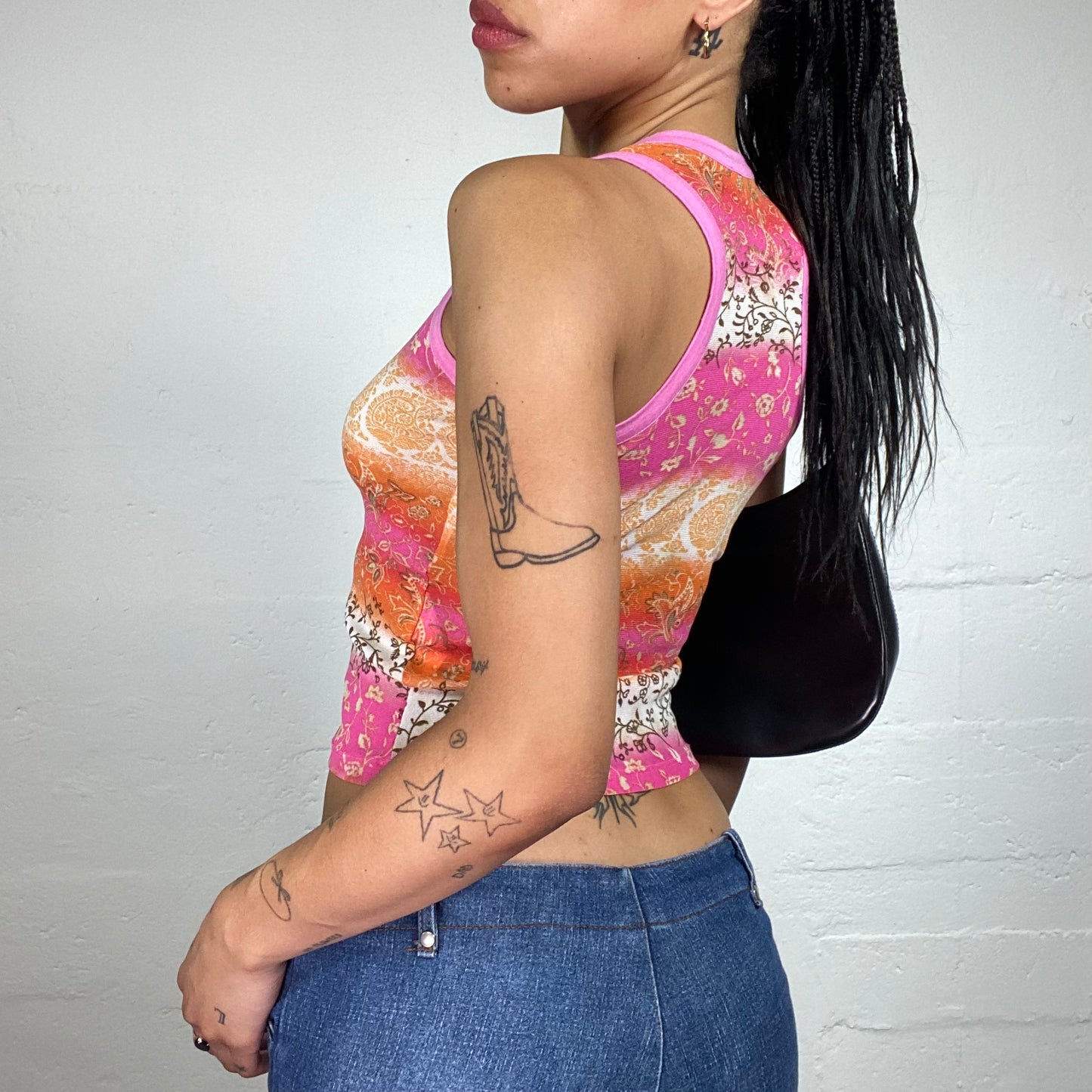 Vintage 2000's Summer Boho Pink and Orange Floral Print Tank Top (S)