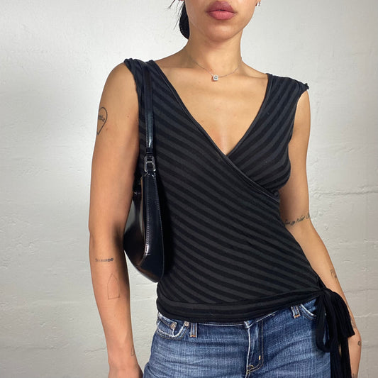 Vintage 2000's Downtown Girl Black and Grey Wrap Up Top with Striped Print and Side Binding (S)