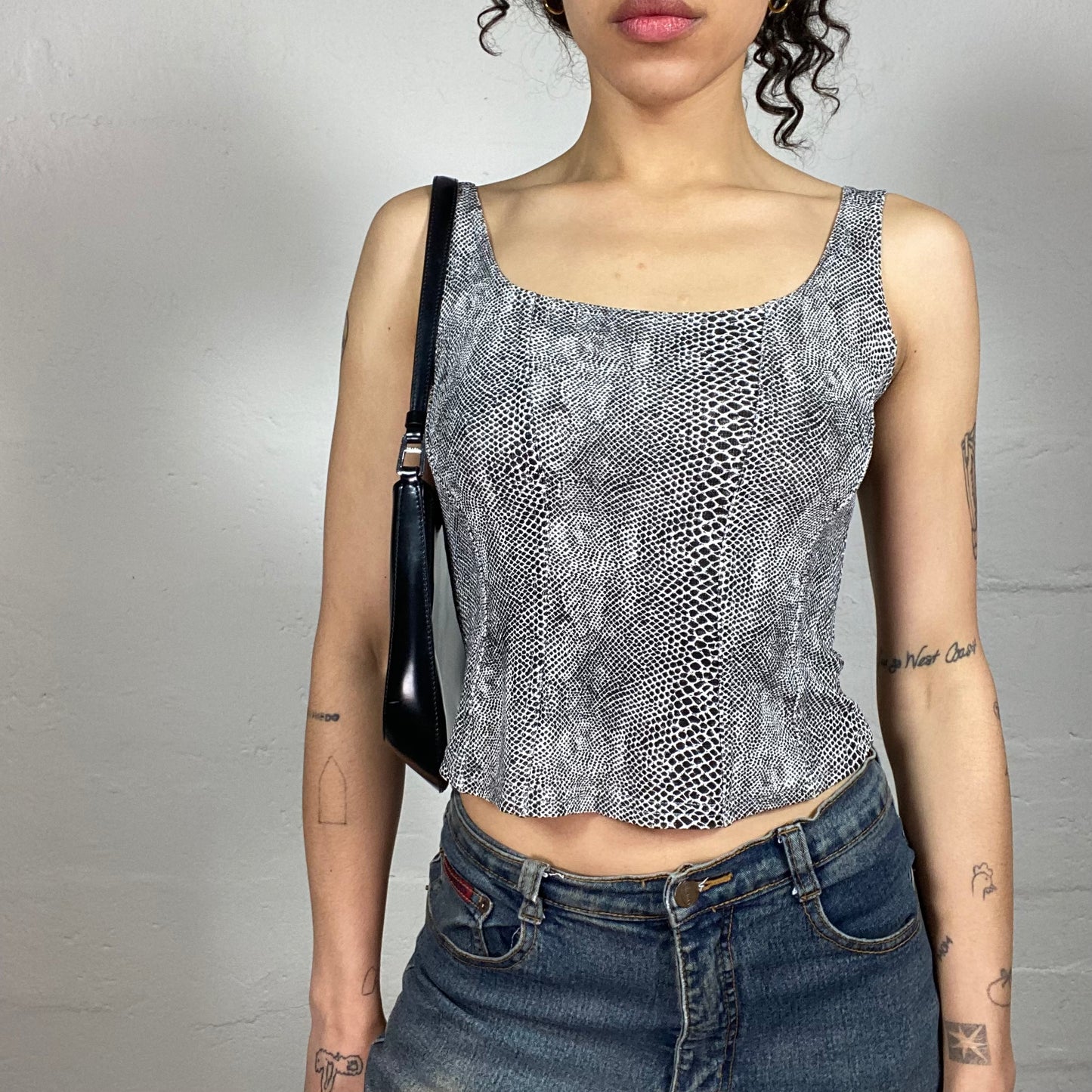 Vintage 2000's Downtown Girl Grey Tank Top with Black Snake Skin Print (S)