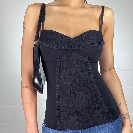 Vintage 2000's Romantic Black Floral Lace Details Corset Style Cami Top (M)