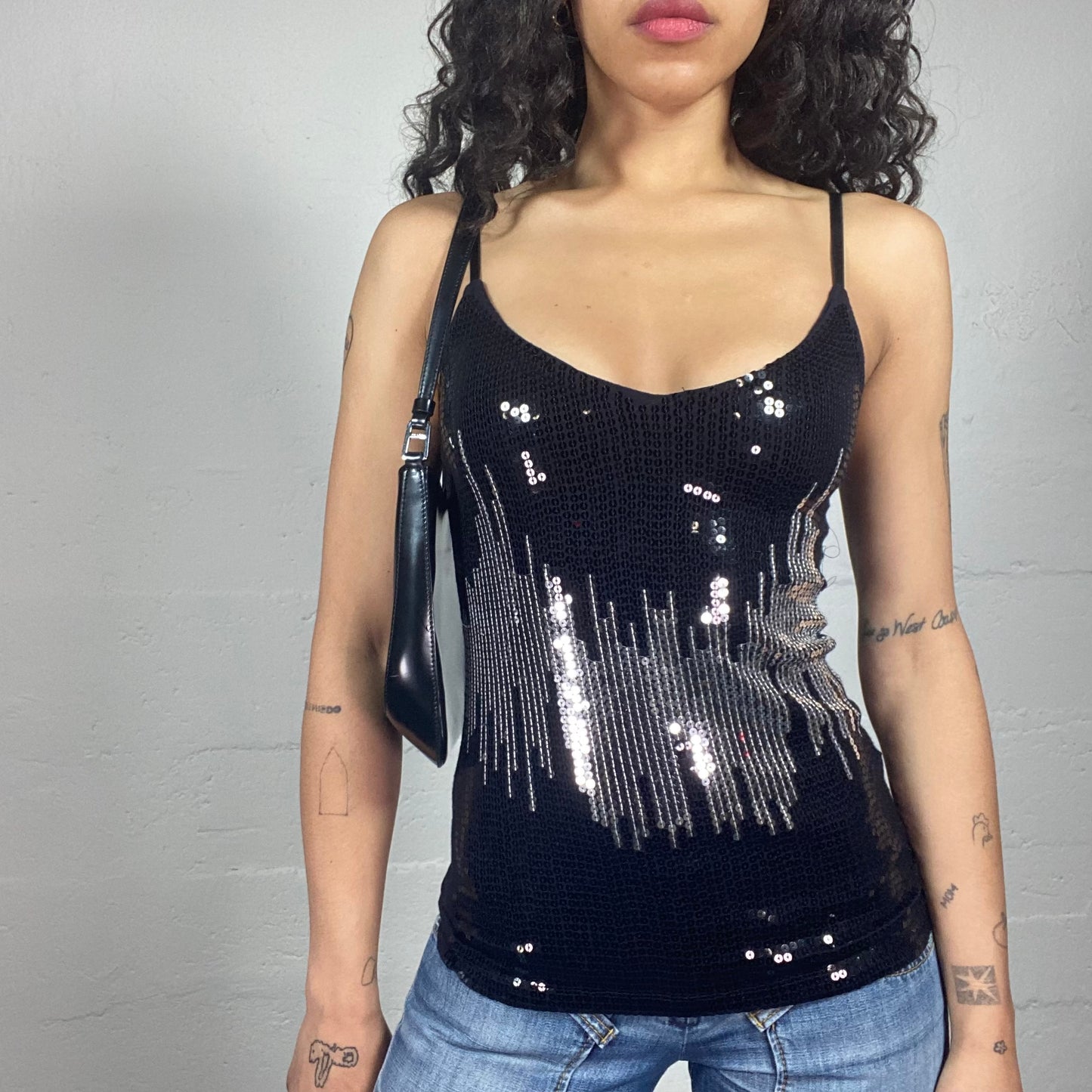 Vintage 2000's Clubwear Black Full On Black and Silver Sequins Embroidery Cami Top (XS)