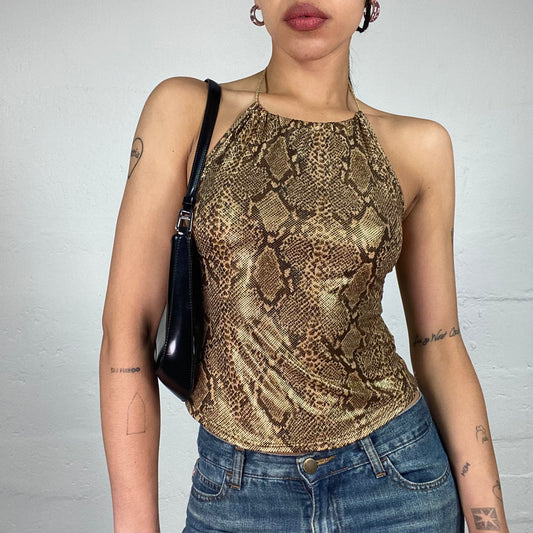 Vintage 2000's Glam Golden Shiny Snake Skin Print Neckholder Top (S)
