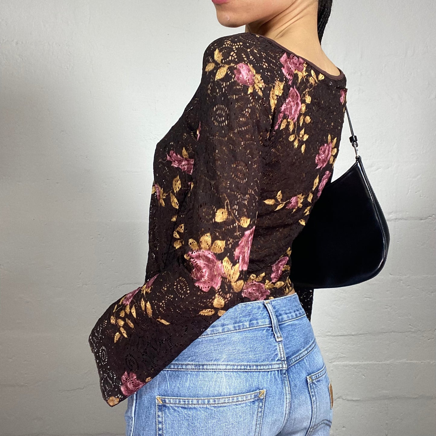 Vintage 2000's Boho Girl Brown Lace Material Floral Print Flare Sleeves Top (S)