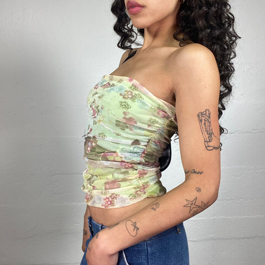 Vintage 2000's Garden Fairy Summer Green Chiffon Draped Tube Top with Floral Print (S)