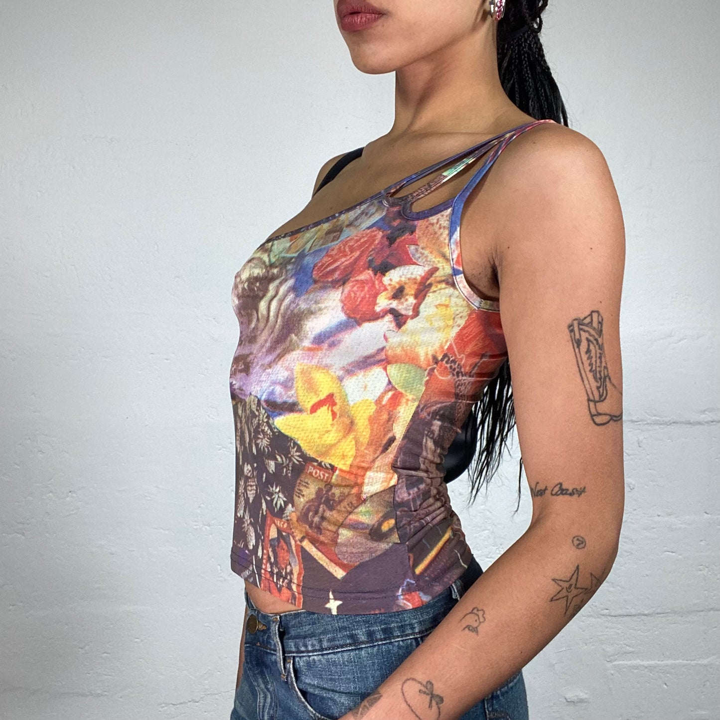 Vintage 2000's Downtown Girl Cropped One Shoulder Asymmetric Retro Print Top (M)