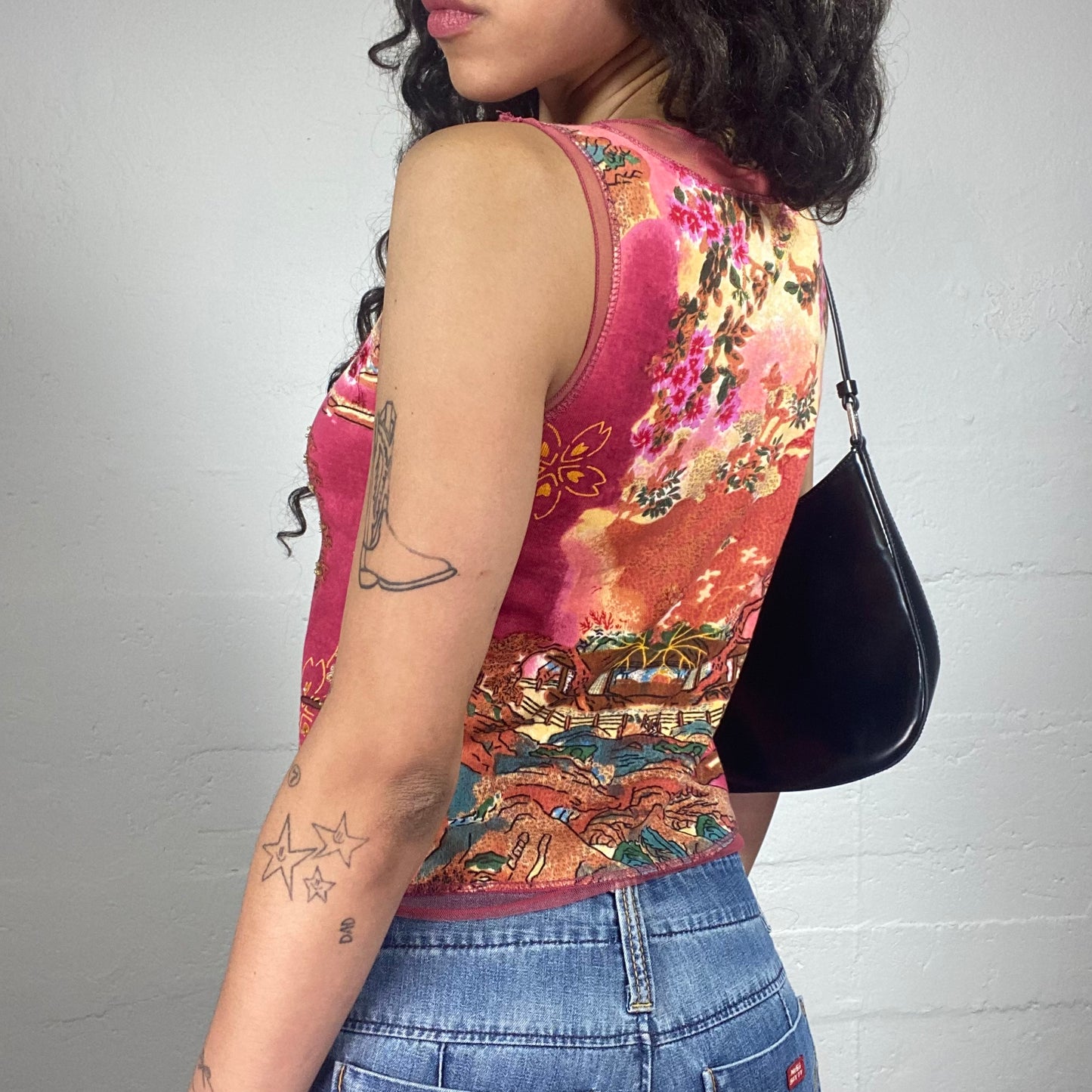 Vintage 2000's Boho Girl Pink and Orange Printed Tank Top with Mesh Detail (S)