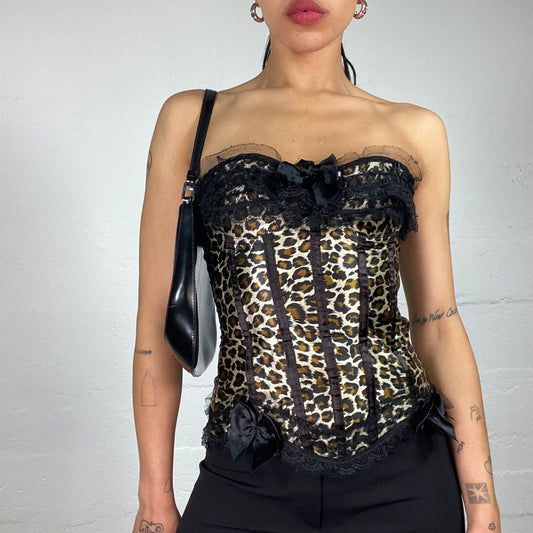 Vintage 2000's Glamorous Party Leo Printed Silky Corset Top with Black Lace Decorations (S)
