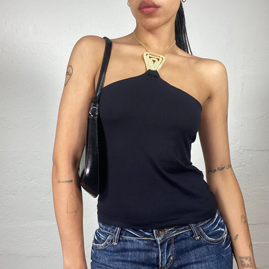 Vintage 2000's Dark Boho Girl Black Classy Neckholder Top with Crochet Beige Detail (M)