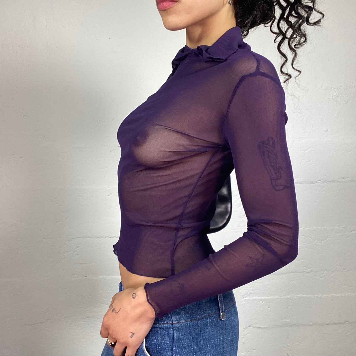 Vintage 2000's Clubwear Purple Mesh Longsleeve Cropped Top with Collar Detail (S)