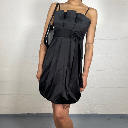 Vintage 2000's Doll Black Satin Balloon Fit Pleated Cami Dress with Ribbon Belt Detail (M)