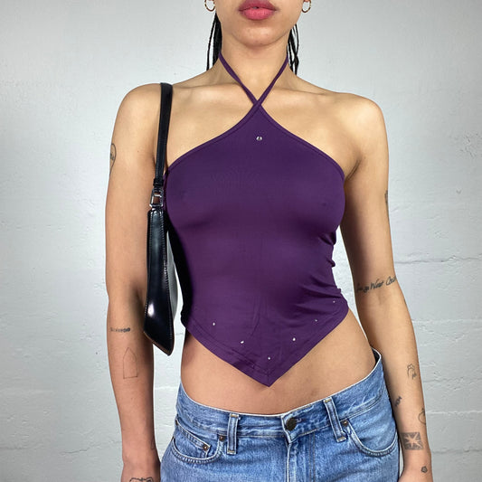 Vintage 2000's Cowgirl Purple Mini Cropped Neckholder Top with Rhinestone Details (S)