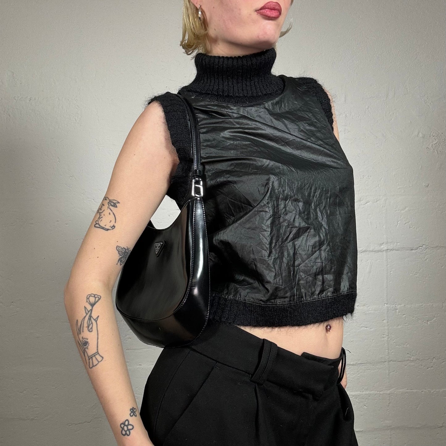 Vintage 2000's Grungy Black Glossy High Neck Tank Top with Knitted Details (S)