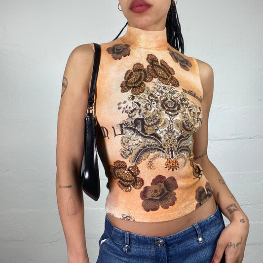 Vintage 2000's Romantic Brown and Orange Printed Turtleneck Sleeveless Top with Rhinestone Decor (M)
