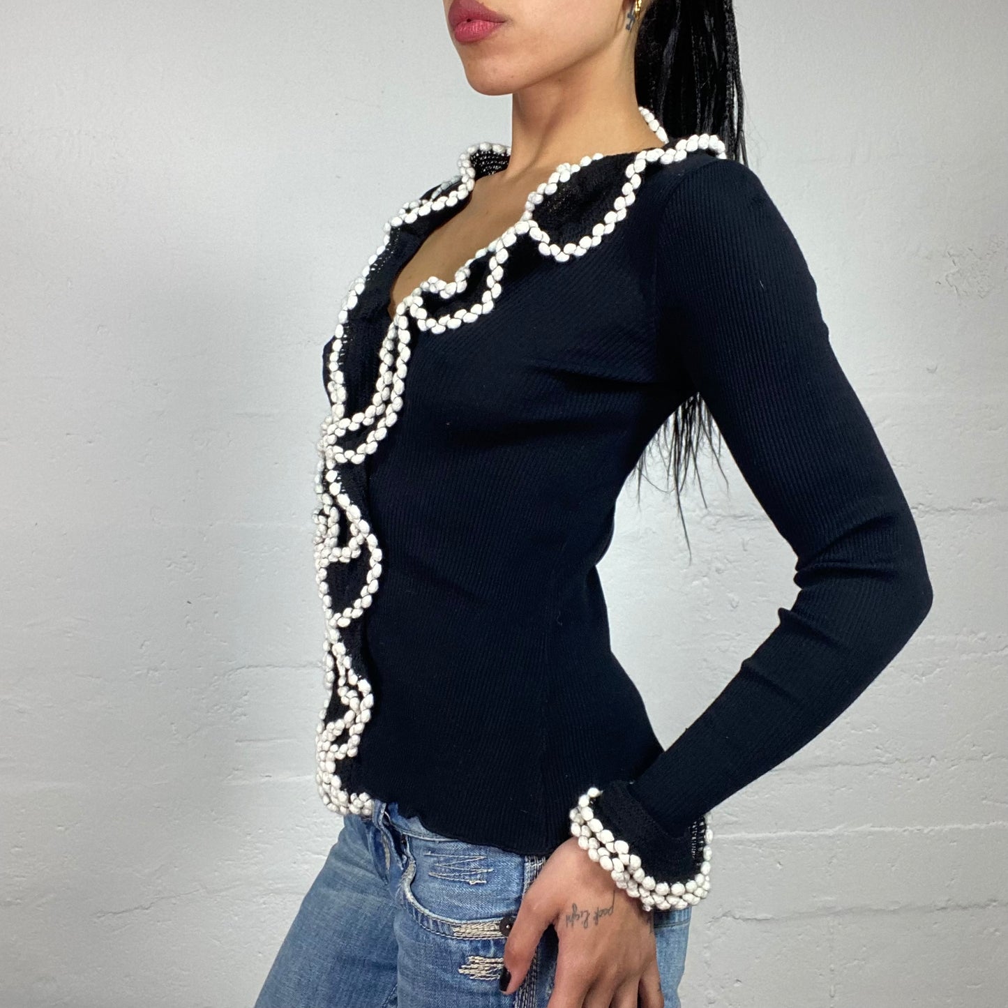 Vintage 2000's Coquette Black Jersey Longsleeve Striped Texture Corset Closing Top with White Embroidered Ruffled Trim (M)