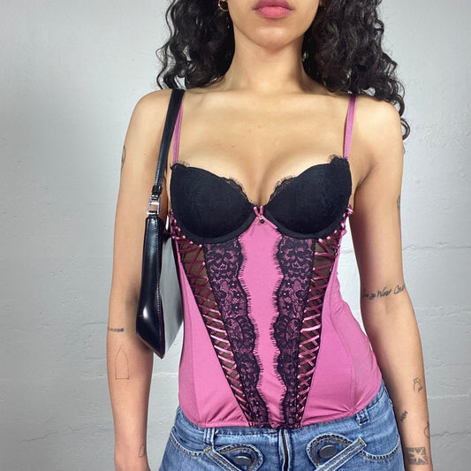 Vintage 2000's Romantic Silky Pink Corset Top with Black Lace Embroidery and Contrast Bra (S)