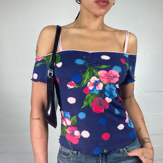 Vintage 2000's Cute Blue Off Shoulder Top with Pink Toned Colourful Print (S)