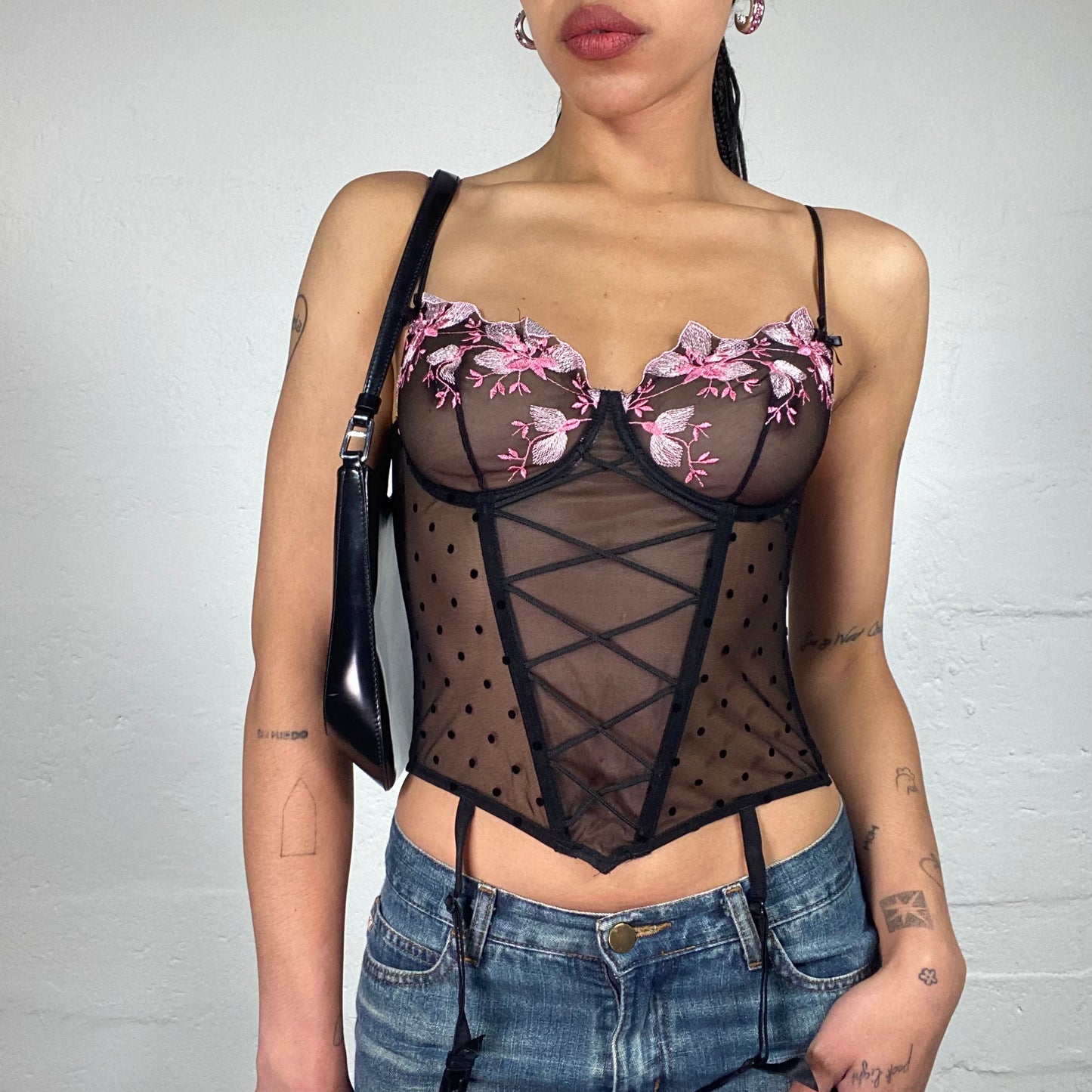 Vintage 2000's Soft Girl Black See Through Mesh Lingerie Corset with Pink Flowers Embroidery (S)
