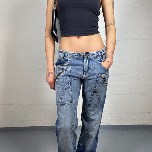 Vintage 2000's Classic Blue Straight Cut Low Rise Jeans with Brown Details (L)
