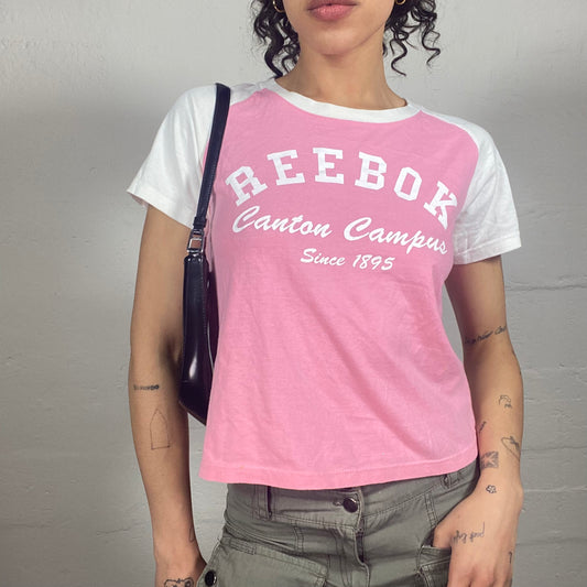 Vintage 2000's Archive Reebok Pink and White Boxy Fit Cropped Tee (M)