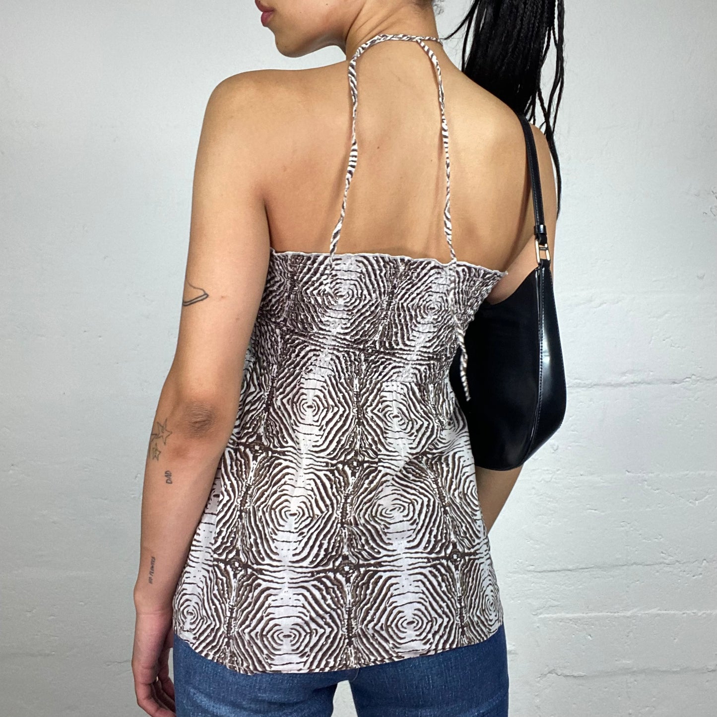 Vintage 2000's Boho Girl Tube Cut White and Brown Printed Doll Neckholder Top (S)