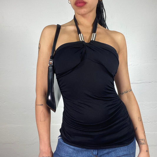 Vintage 2000's Clubwear Black Draped Open Back Top with Metal Piece Decorated Neckholder (XS)