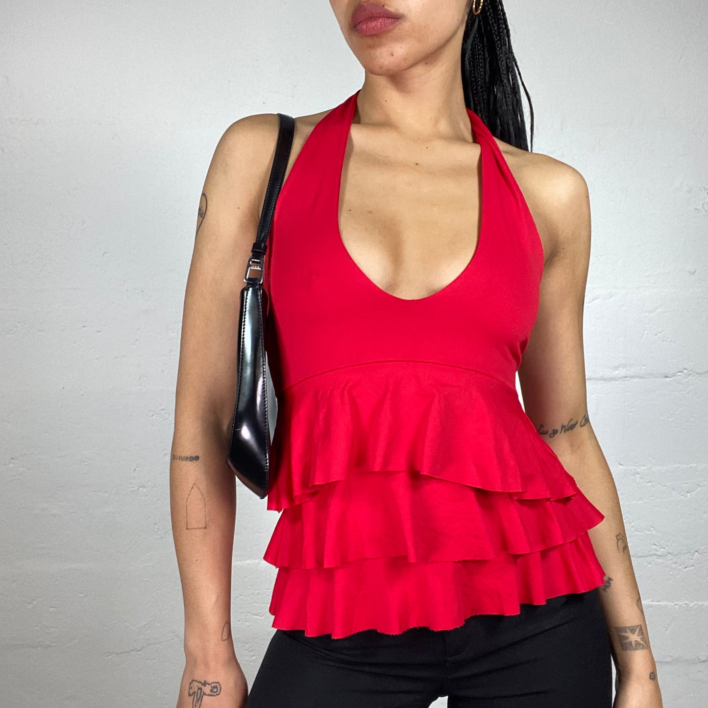 Vintage 2000's Vamp Girl Blood Red Ruffled Layered Neckholder Top (S)
