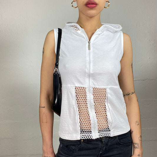 Vintage 2000's Hip-Hop Sleeveless Zip Up White Hooded Top with Mesh Detail (M)