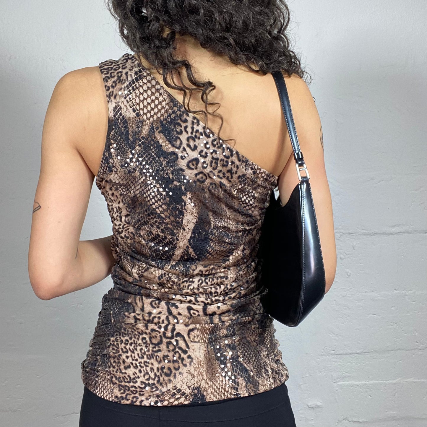 Vintage 2000's Cheetah Girl Draped Brown Animal Print One Shoulder Top (S)