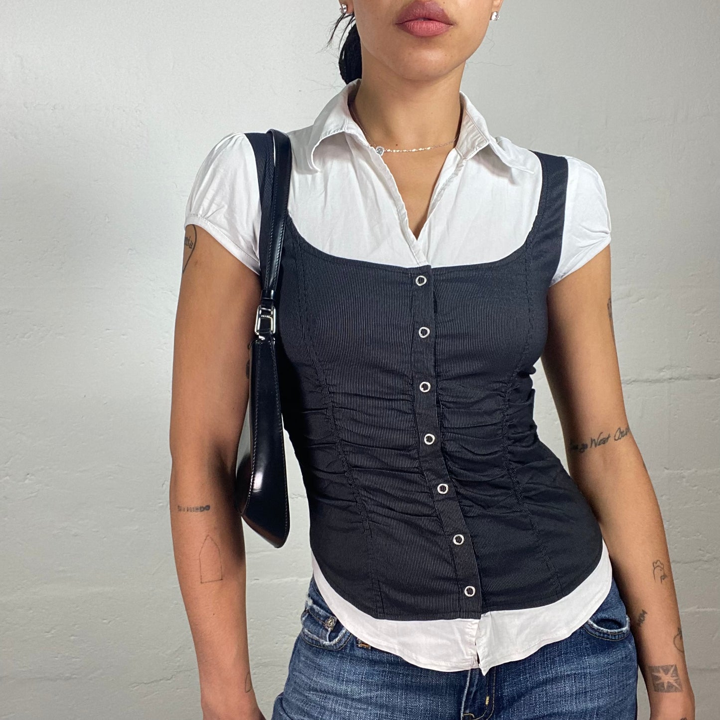 Vintage 2000's Office Girl Double Layered White and Grey Shirt and Vest Combo Top (S)