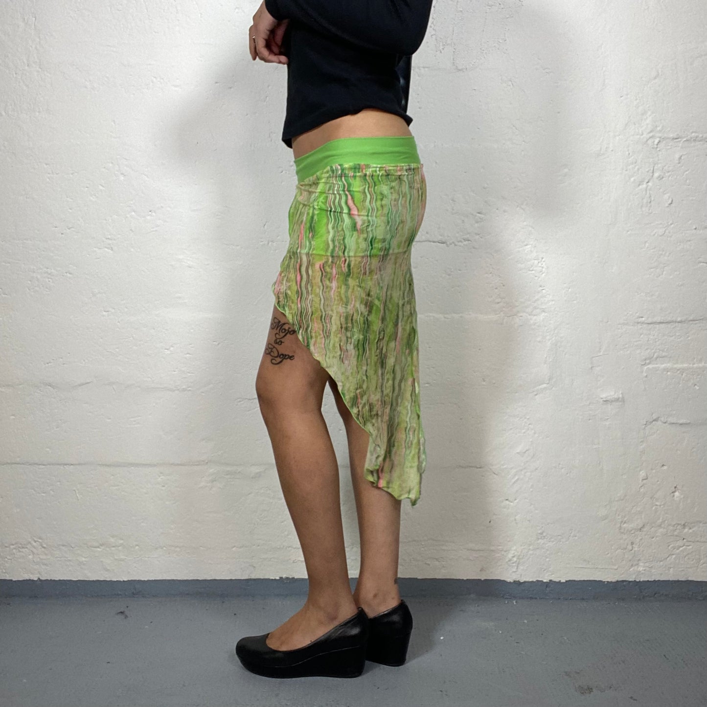 Vintage 2000's Fairy Girl Green Asymmetric Chiffon Skirt with Abstract Print (S)