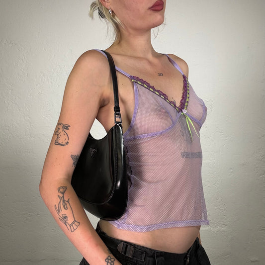 Vintage 2000's Soft Girl Light Lavender See-Through Mesh Cami Top with Green Stripe Decoration (S)