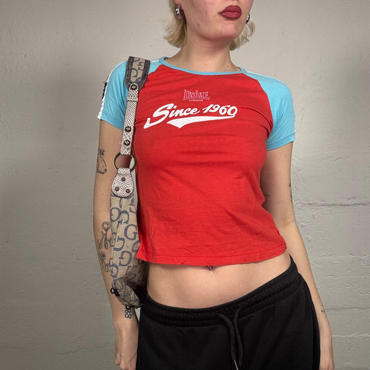 Vintage 2000's Downtown Girl Baby Blue and Red Baby Tee with White Print (M)