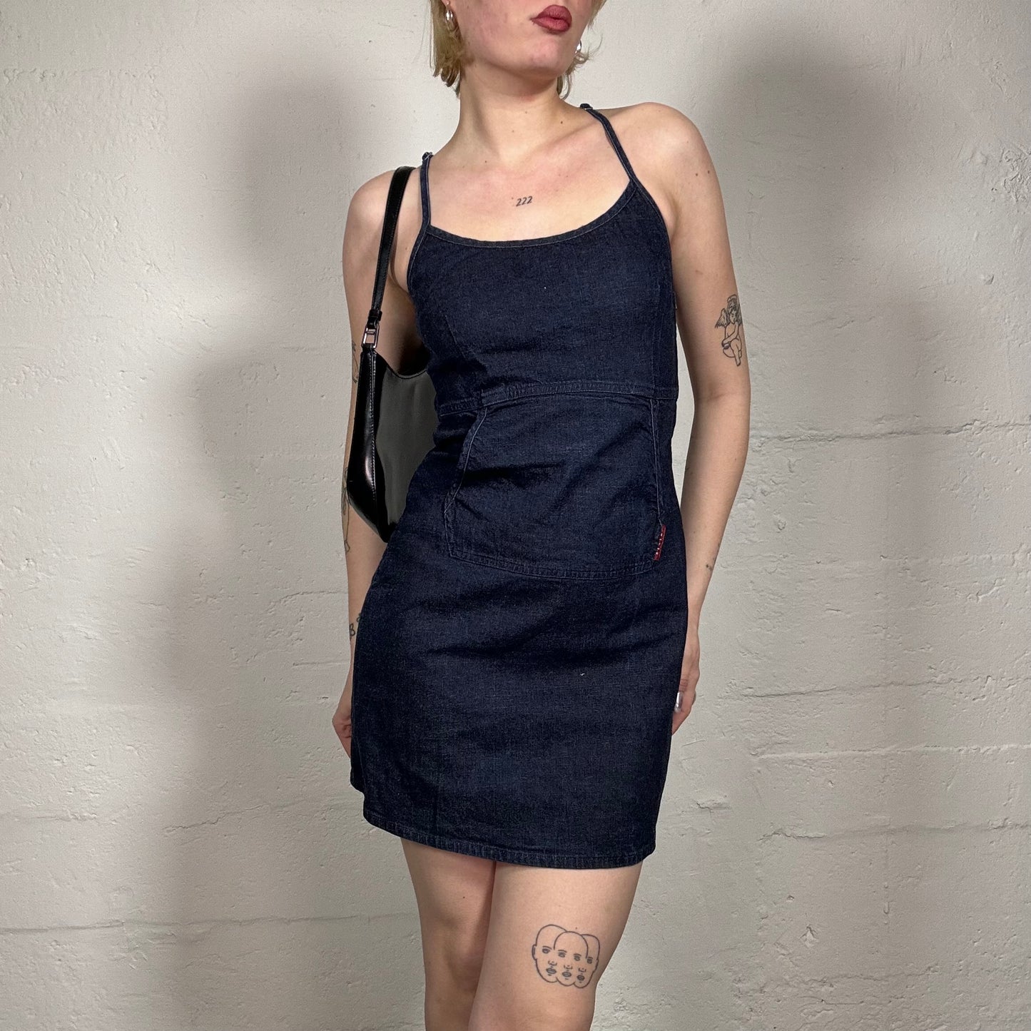 Vintage 2000's Saturday Date Dark Denim Slim Fitted Cami Mini Dress with Middle Pocket (XS)