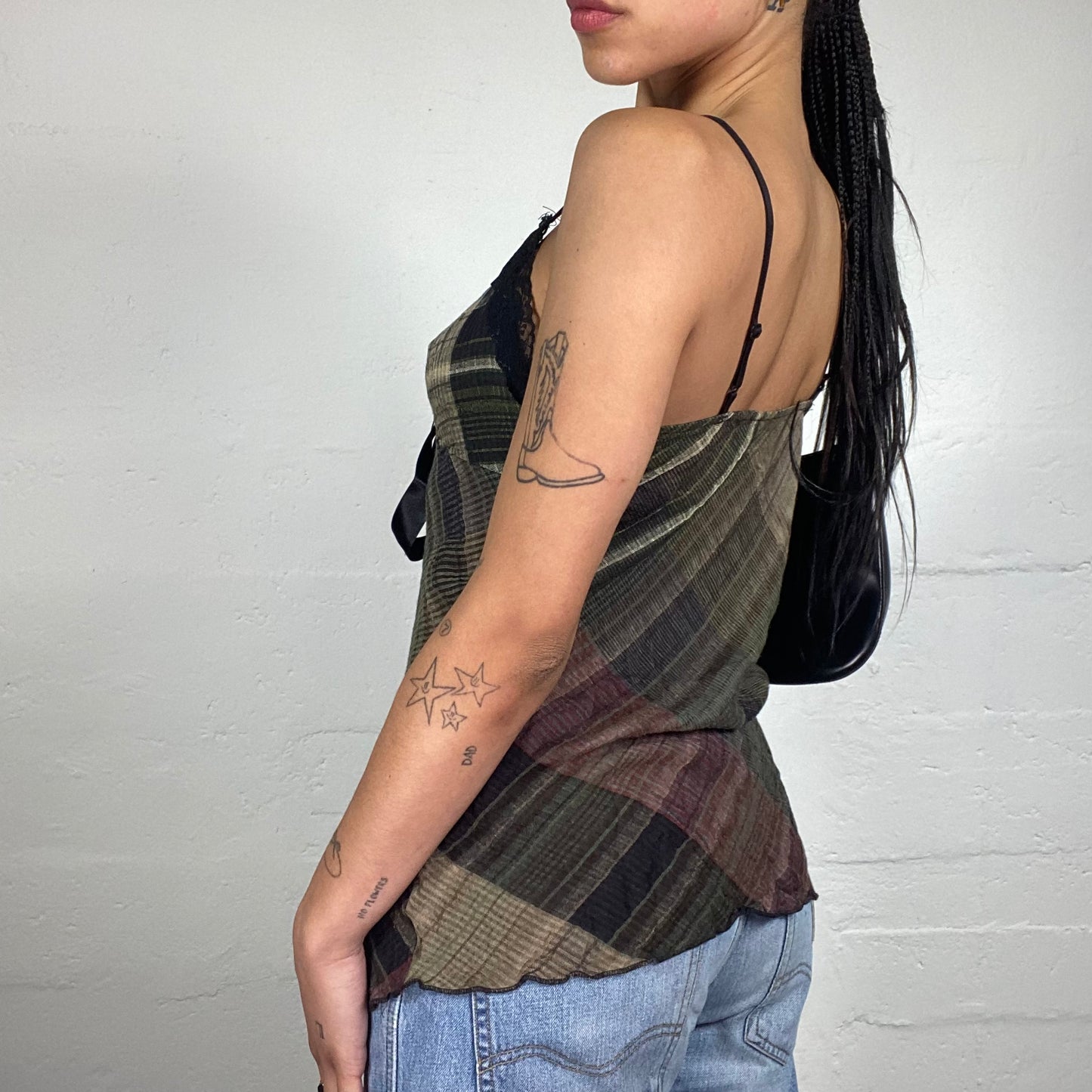Vintage 2000's Classy Checkered Green and Blank Cami Top with Lace Trim and Silky Ribbon Detail (L)