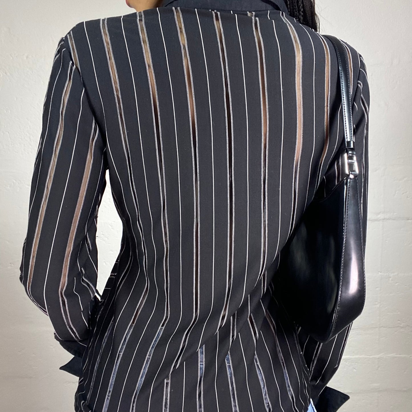 Vintage 2000's Office Girl Black Button Up Classy Shirt with Shiny Stripes (M)