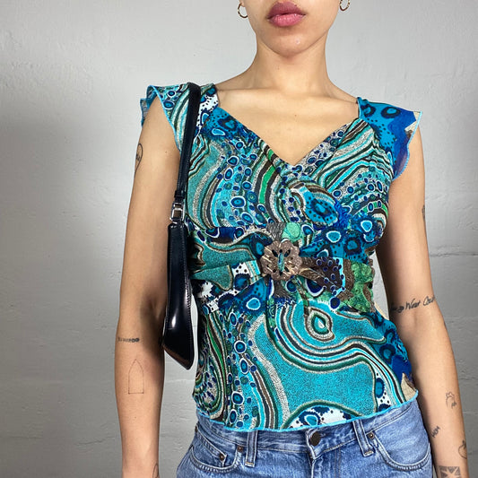 Vintage 2000's Casual Aquamarine Blue and Green Boho Print Chiffon Top with Metal Detail (M)