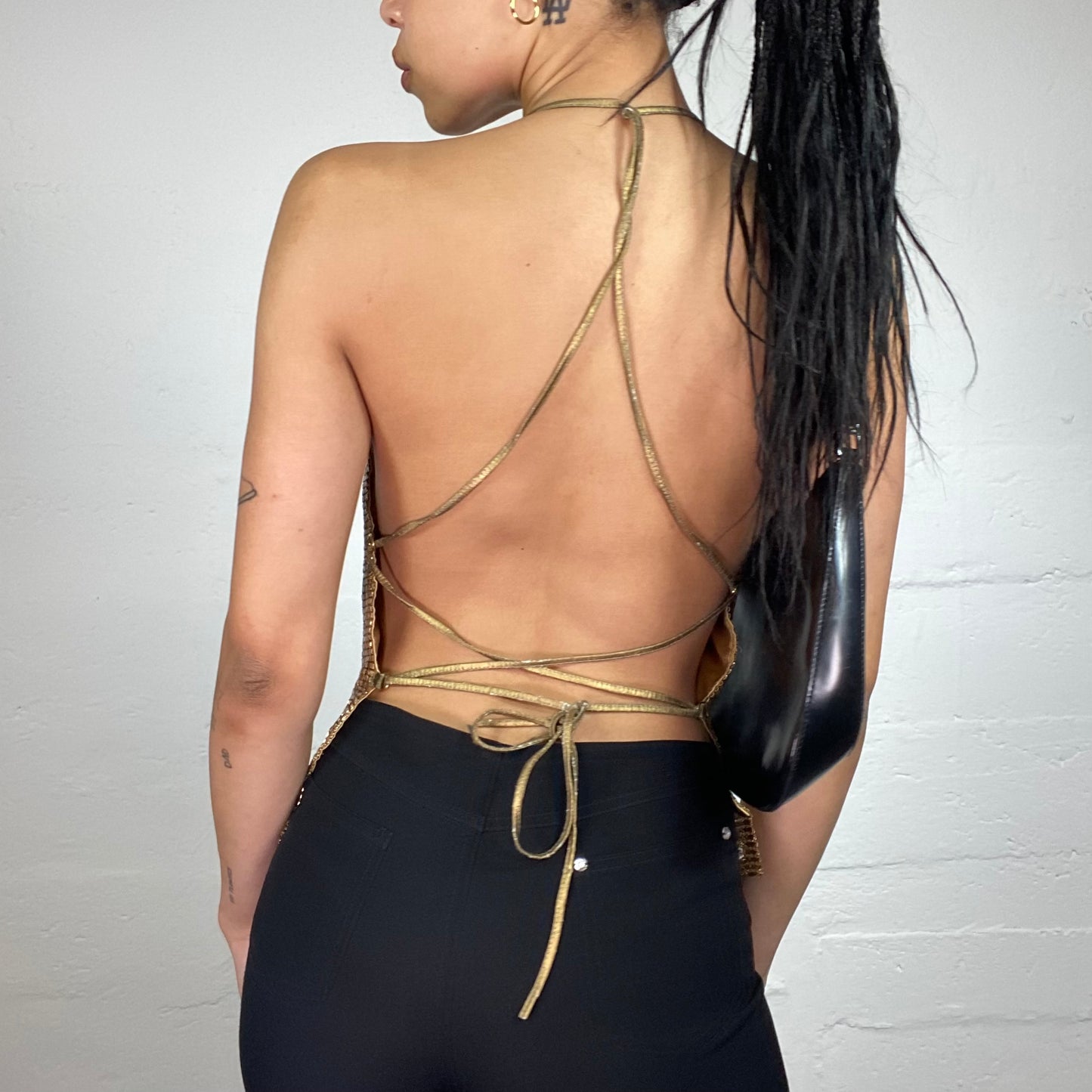 Vintage 2000's Morgan Glamorous Clubwear Golf Metal Net Shiny Draped Snake Skin Effect Neckholder Top with Open Back (S)