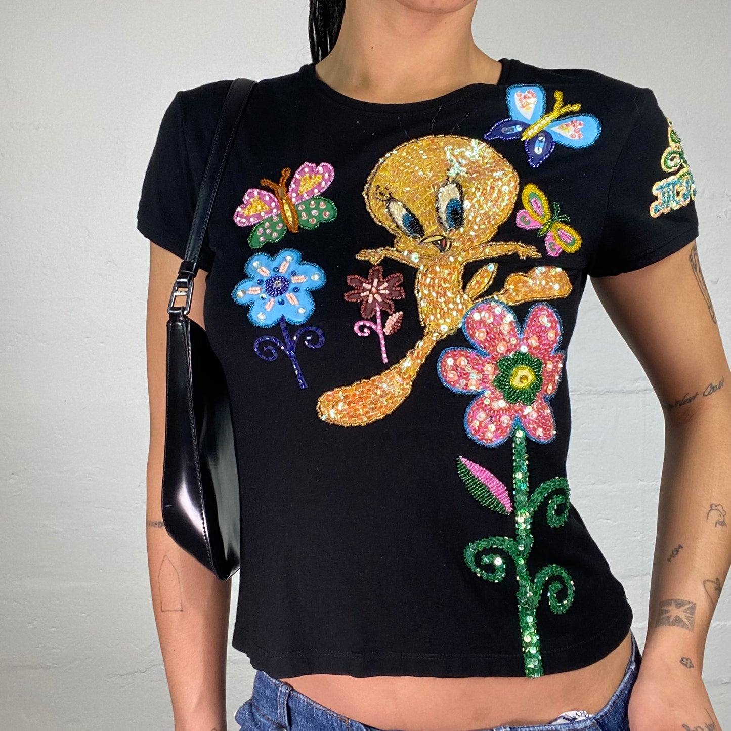 Vintage 2000's Tweety Funky Black Baby Tee with Fun Cartoon Sequin Embroidery (M)