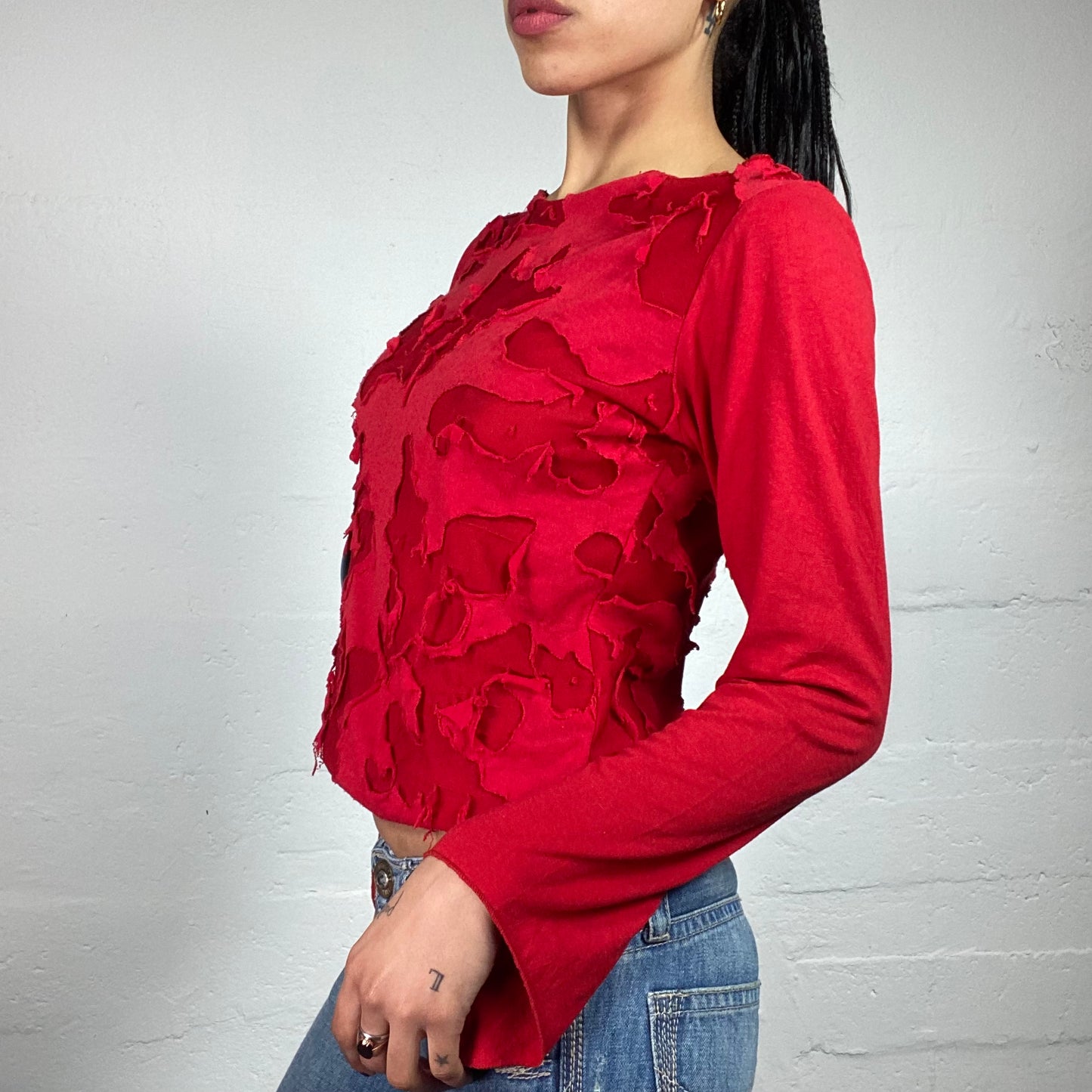 Vintage 2000's Skater Girl Blood Red Longsleeve Top with Ripped Texture Embroidery (M)