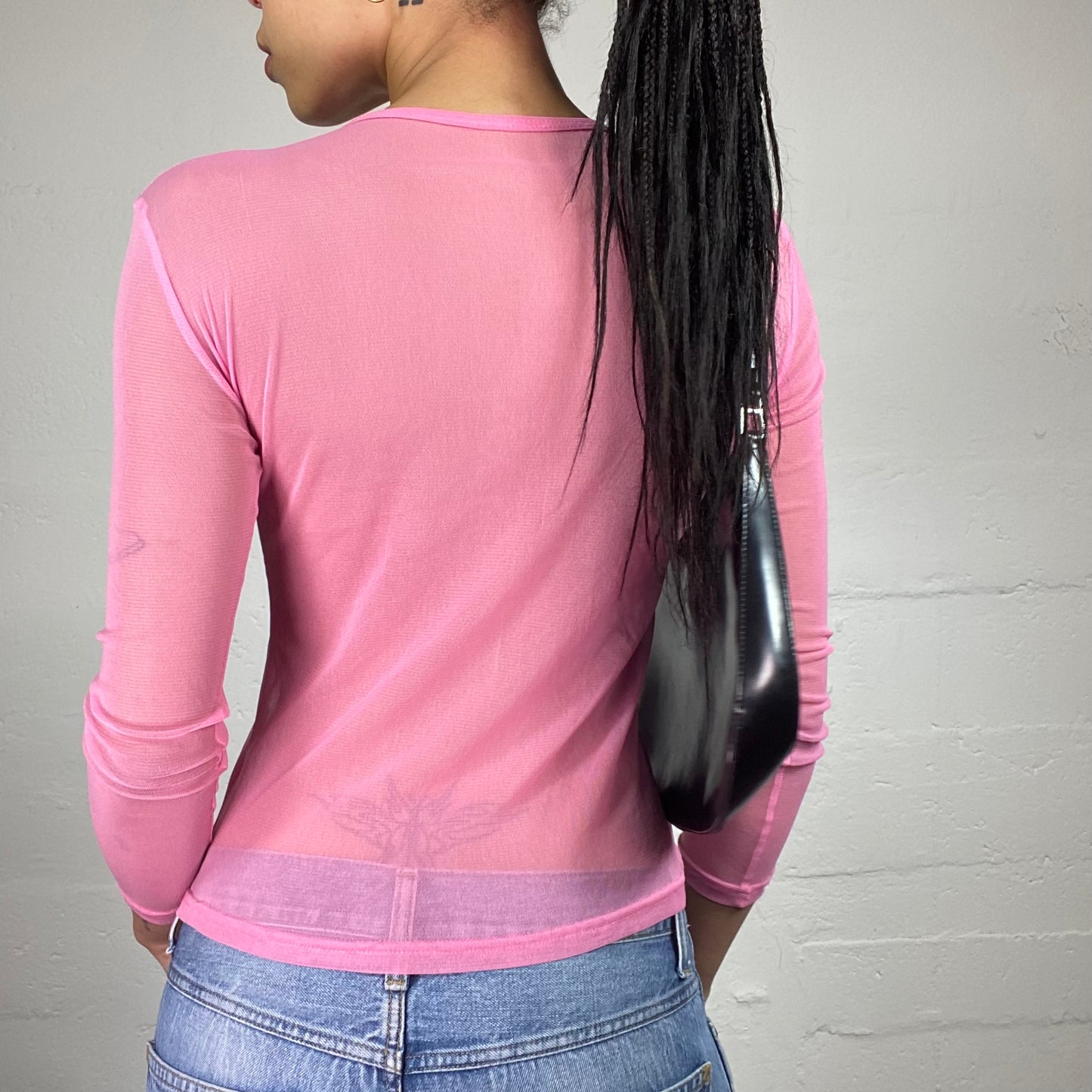 Vintage 2000's Downtown Girl Mesh See Through Bubblegum Pink Longsleeve Top (M)