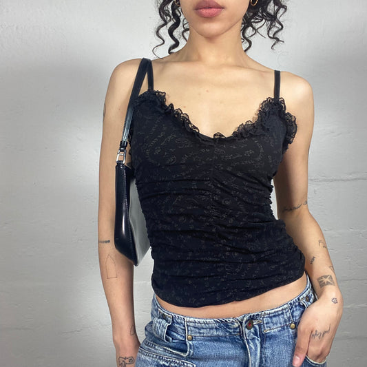 Vintage 2000's Dark Coquette Black Chiffon Typography Printed Cami Top with Ruffled Trim and Mesh Back (S)