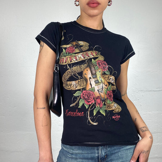 Vintage 2000's Archive Hard Rock Cafe Black T-Shirt with Vintage Guitar and Roses Print (S)